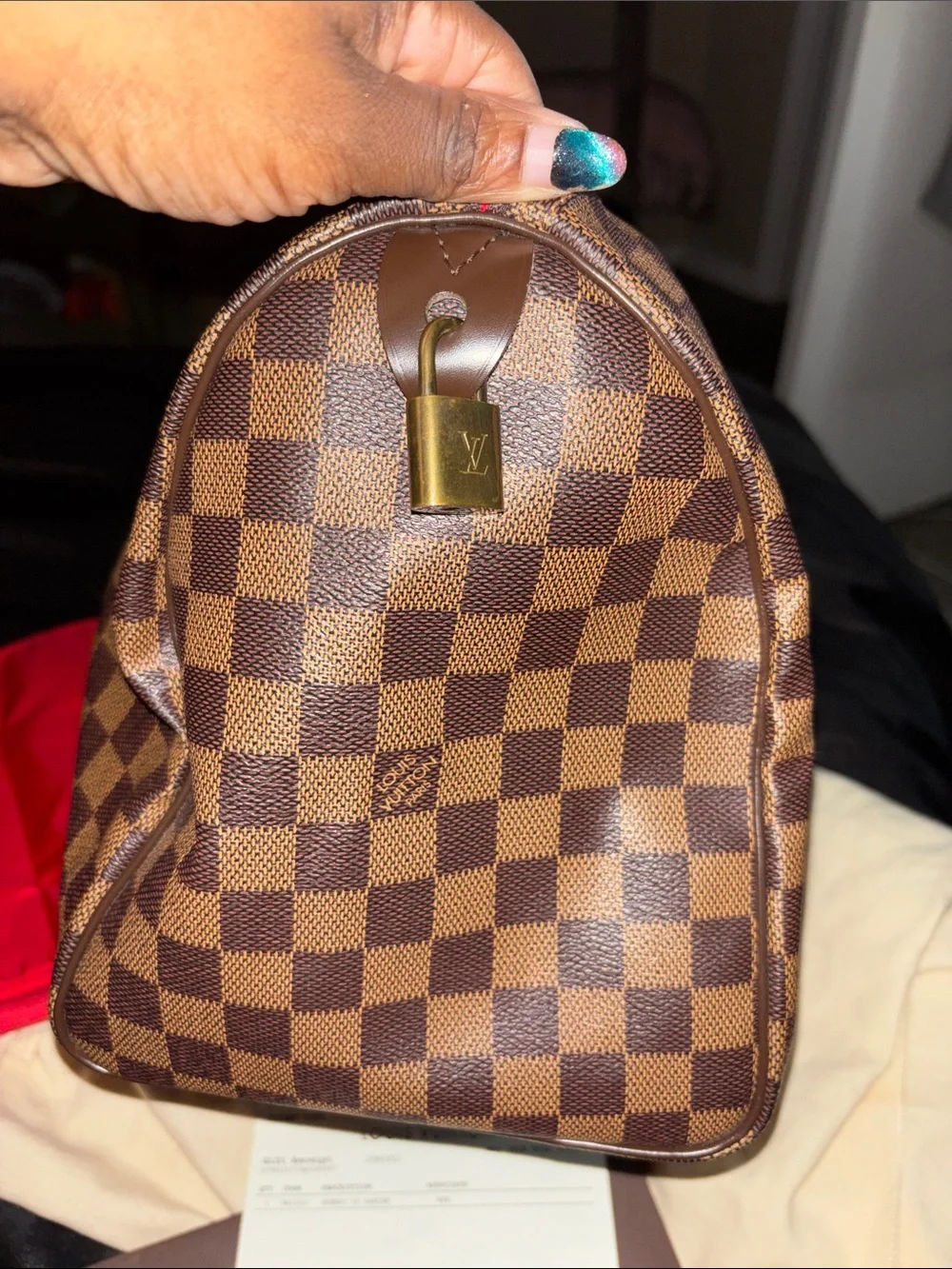 Louis Vuitton Damier Ebene Speedy 35 Satchel with Red Interior